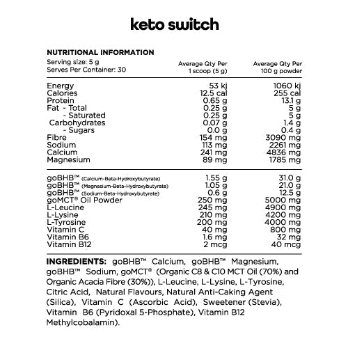 Nutritional information for Switch Nutrition's Keto Switch, detailing energy, protein, goBHB salts, MCT Oil Powder, essential vitamins, and amino acids.