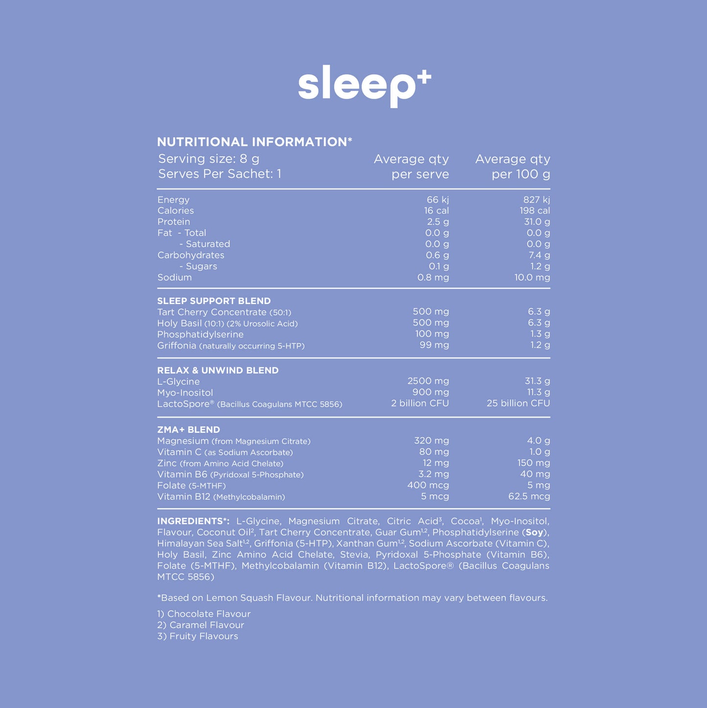 Nutritional information panel for Sleep+ detailing ingredients, serving size, average quantities per serve and per 100g, and blends like sleep support, relax and unwind, and ZMA blend