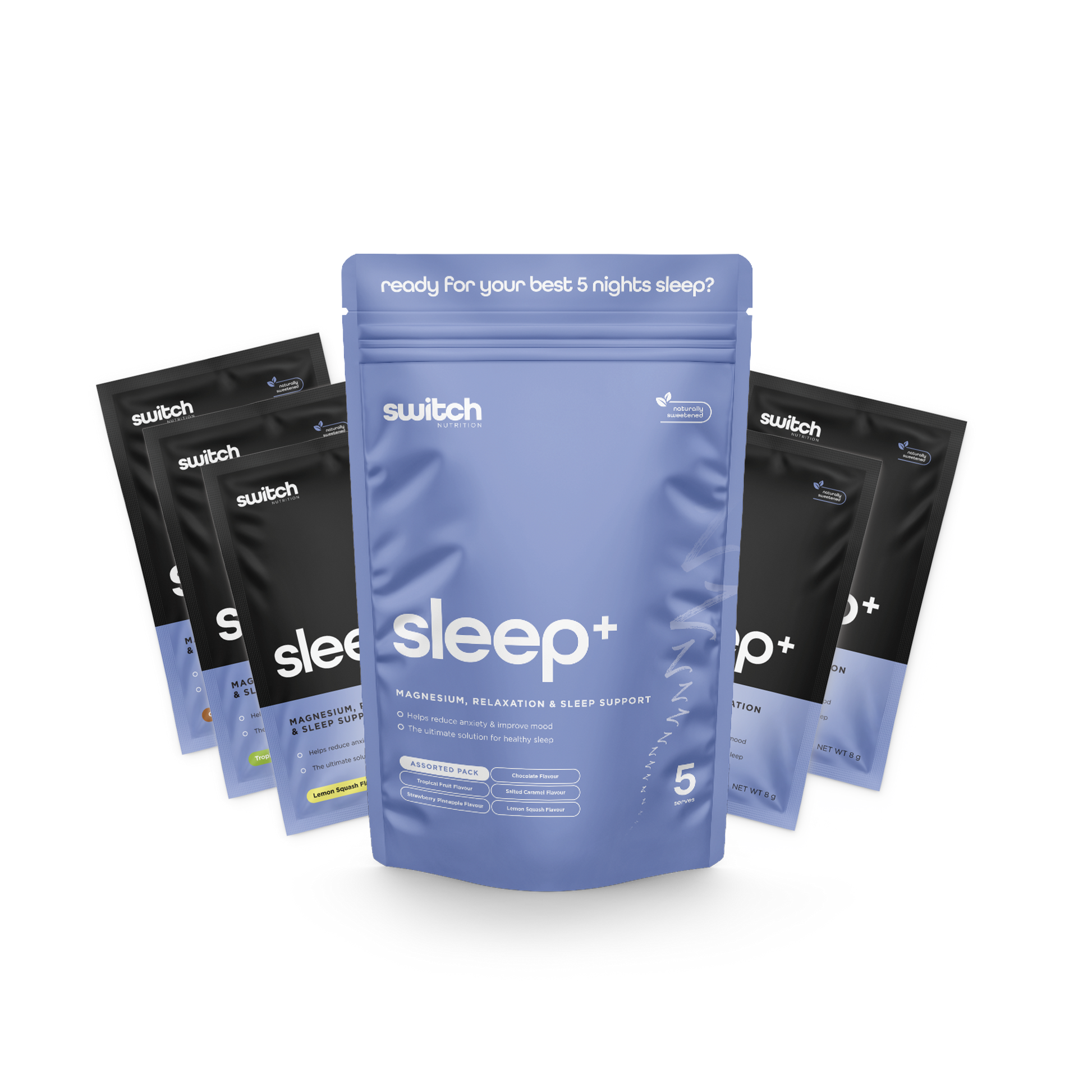Switch Nutrition Sleep+ sample pack featuring five pouches in assorted flavors, designed for magnesium, relaxation, and sleep support. Packaging includes the tagline 'Ready for your best 5 nights sleep?' with flavor options: Lemon Squash, Lemon Ginger, Honey Chamomile, and Limited Edition flavors. Ideal for promoting restful sleep and mood improvement.