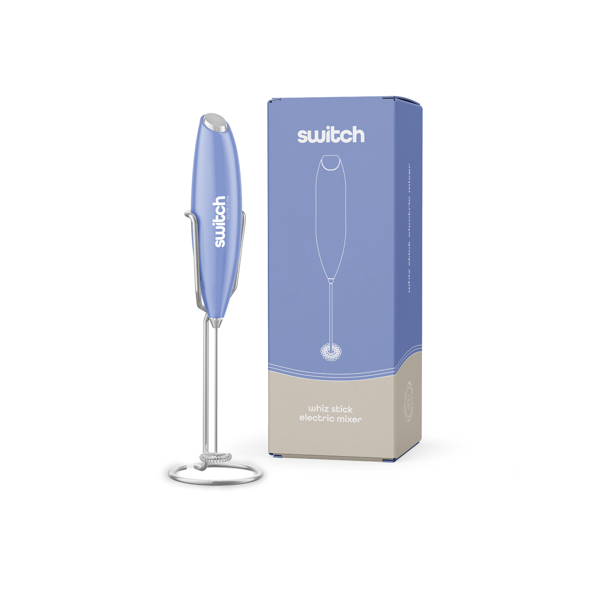 Switch Nutrition Whiz Stick electric mixer in purple, shown with its packaging.