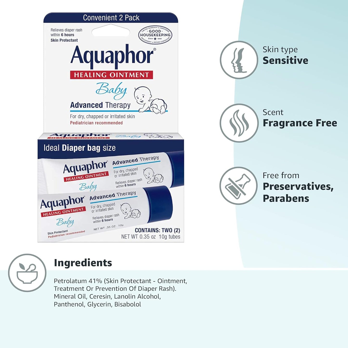 Aquaphor Baby Healing Ointment To-Go Pack - Advanced Therapy for Chapped Cheeks and Nappy Rash - Two .35 oz Tubes