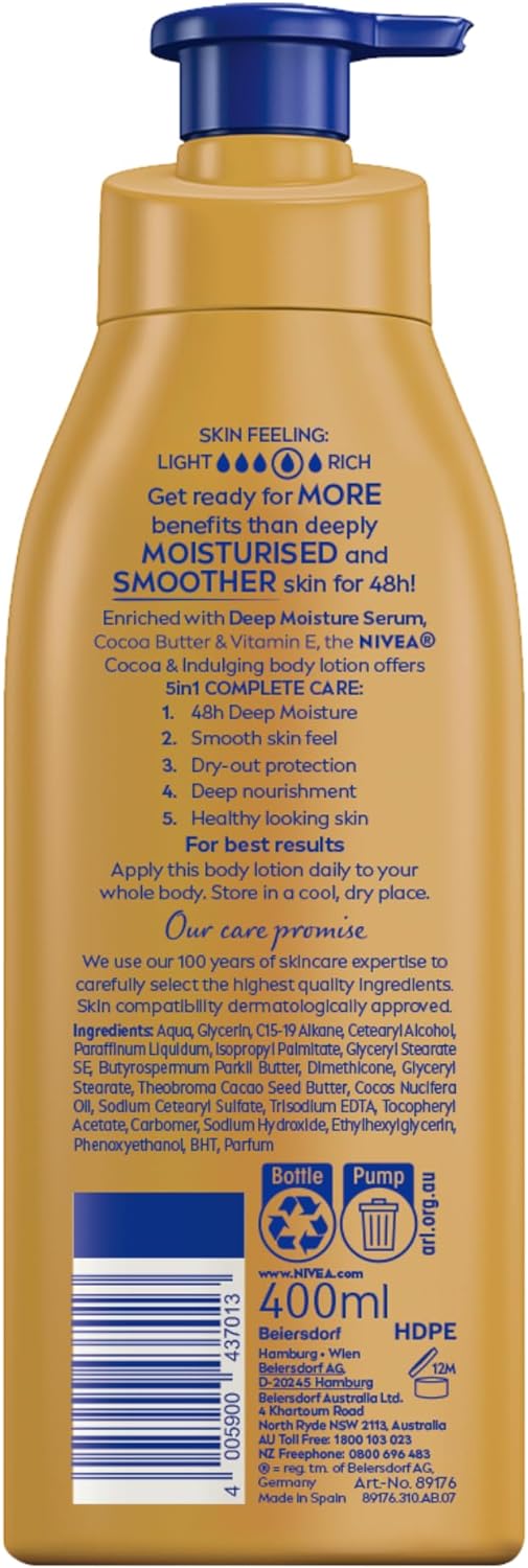 NIVEA Cocoa & Indulging 48 Hour Intense Body Lotion & Moisturiser with Intensive Moisture Serum, Cocoa Butter & Vitamin E for Dry Skin, 400ml, Body Moisturizer