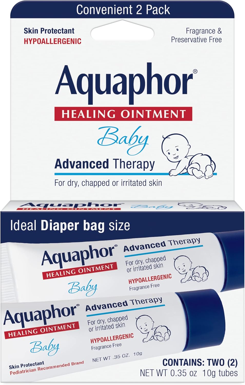 Aquaphor Baby Healing Ointment To-Go Pack - Advanced Therapy for Chapped Cheeks and Nappy Rash - Two .35 oz Tubes