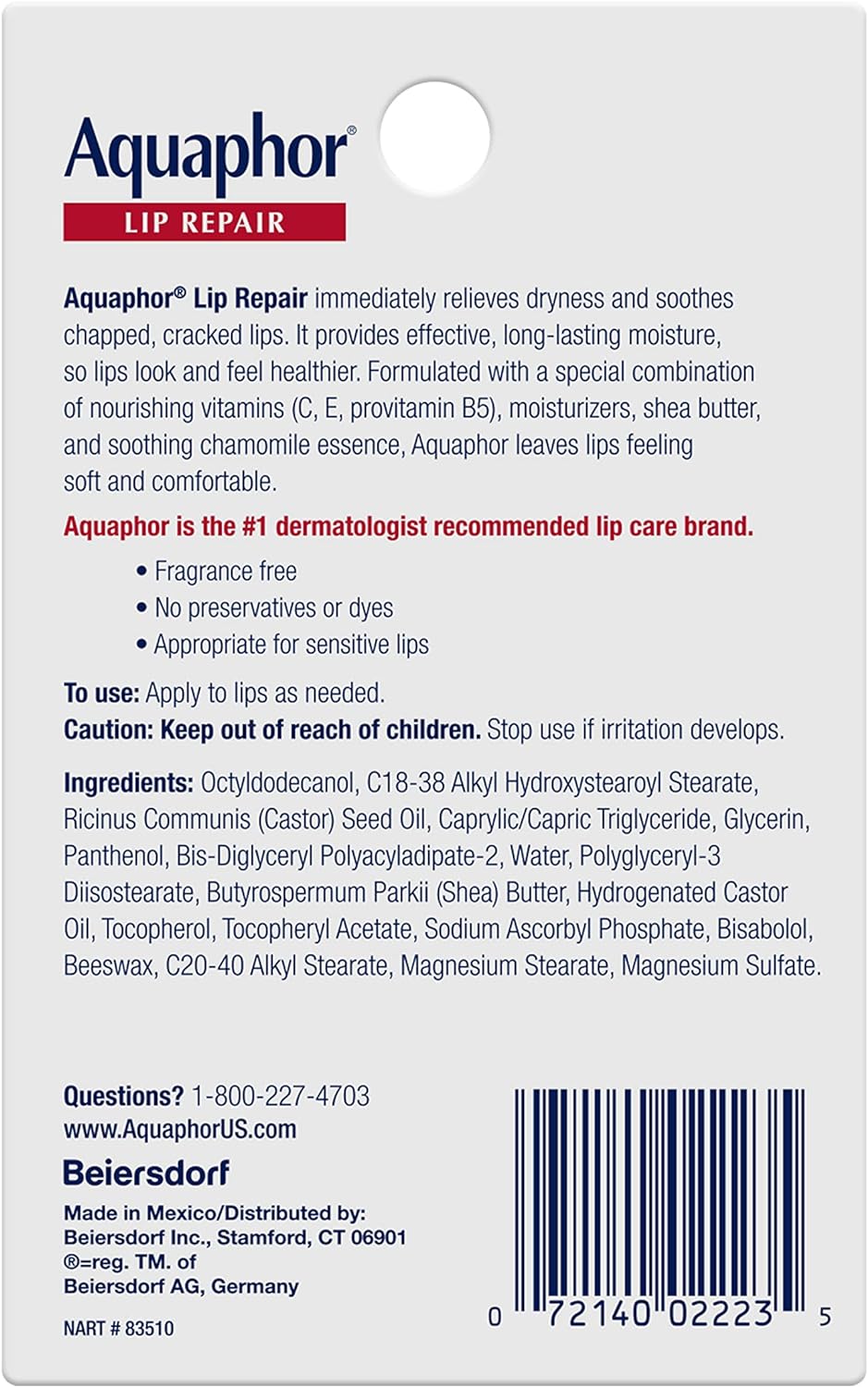 Aquaphor Lip Repair - Soothe Dry, Chapped Lips - Two .35 oz. Tubes