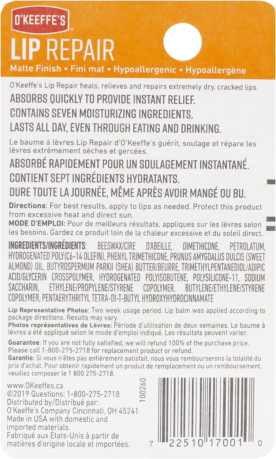 O'Keeffe's Unscented Lip Repair Lip Balm Stick, Unflavored, All Day Moisture, Soothes Dry Cracked Lips, 4.2g/0.15oz Stick, (Pack of 1)