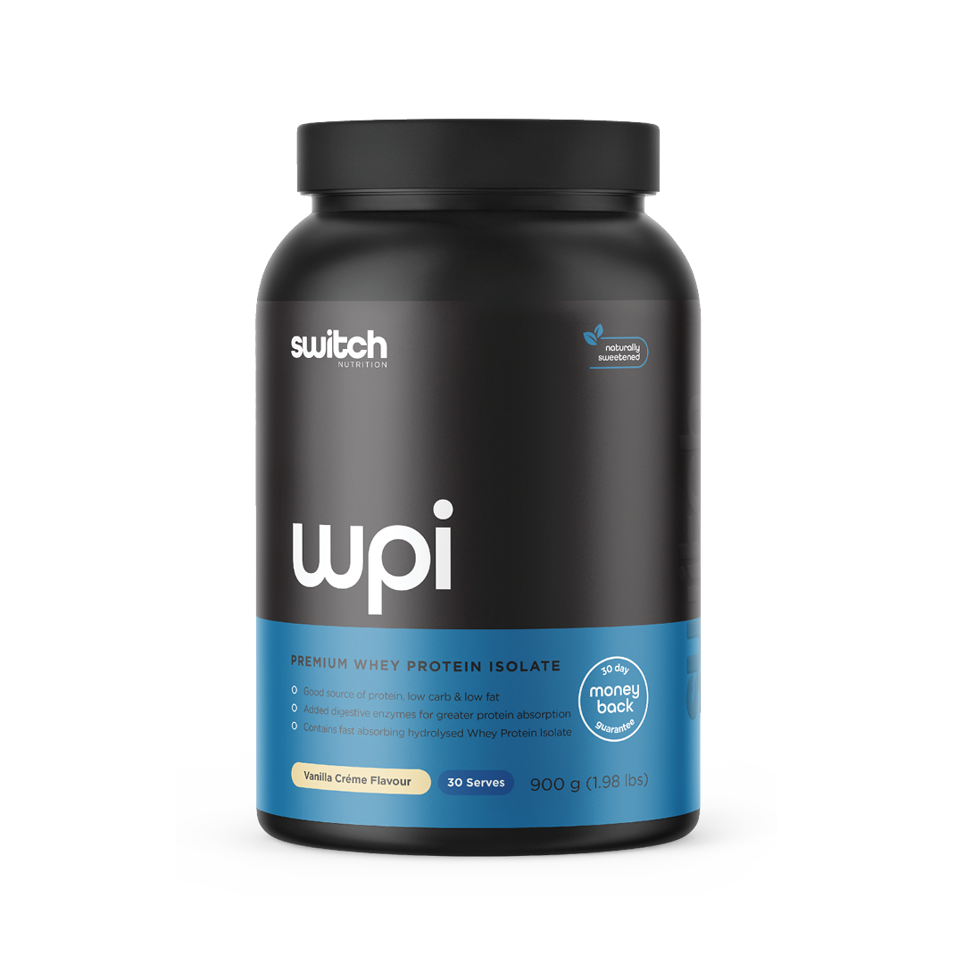 Switch Nutrition WPI Premium Whey Protein Isolate Vanilla Crème Flavour 900g (30 Serves) - Good source of protein, low carb & low fat. Contains added digestive enzymes for greater protein absorption and fast absorbing hydrolysed Whey Protein Isolate. Naturally sweetened with a 30-day money-back guarantee.