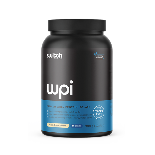 Switch Nutrition WPI Premium Whey Protein Isolate Vanilla Crème Flavour 900g (30 Serves) - Good source of protein, low carb & low fat. Contains added digestive enzymes for greater protein absorption and fast absorbing hydrolysed Whey Protein Isolate. Naturally sweetened with a 30-day money-back guarantee.