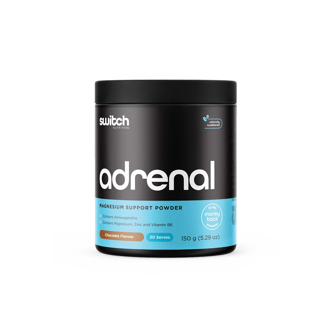 A product label for 'adrenal magnesium support formula' from Switch Nutrition, with highlights including 'contains Ashwagandha,' 'contributes to reduced fatigue,' and a '30 day money back guarantee' badge, in chocolate flavor with 30 servings, 150 grams