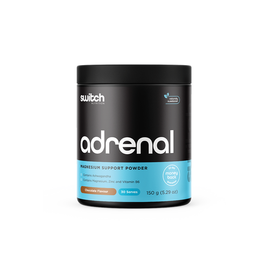 A product label for 'adrenal magnesium support formula' from Switch Nutrition, with highlights including 'contains Ashwagandha,' 'contributes to reduced fatigue,' and a '30 day money back guarantee' badge, in chocolate flavor with 30 servings, 150 grams