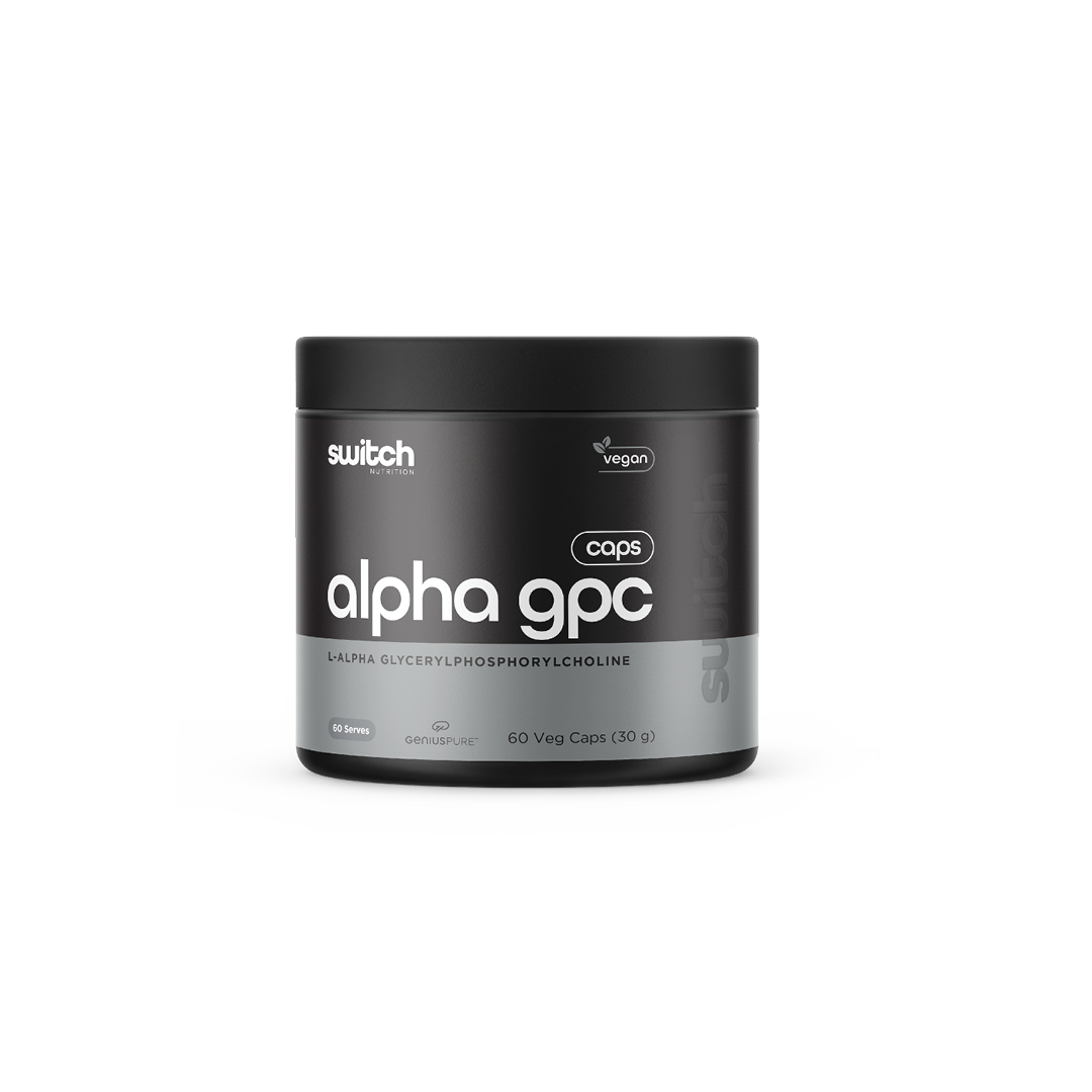 Switch Nutrition Alpha GPC L-Alpha Glycerylphosphorylcholine 60 Veg Caps (30g) - Vegan-friendly capsules designed to support cognitive function and mental performance. Comes in a black container.