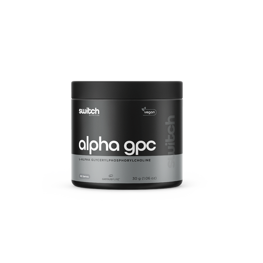 A black container labeled 'alpha gpc' with the subtext 'L-Alpha Glycerylphosphorylcholine' from Switch Nutrition, marked as vegan, offering 60 serves at 30 grams (1.06 oz).