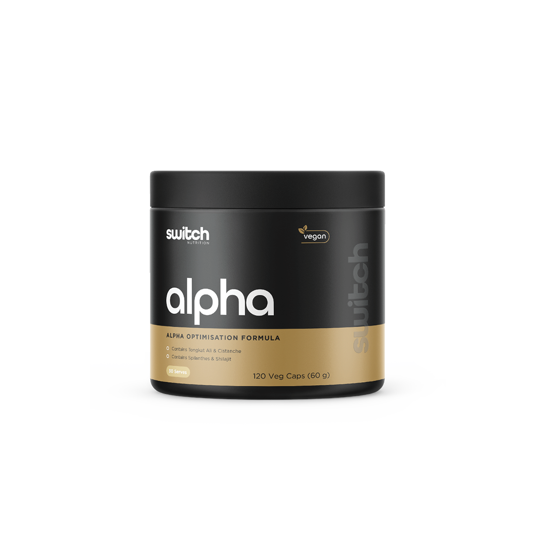 A black container of Switch Nutrition's 'alpha,' an alpha optimization formula, which is vegan. It contains Tongkat Ali & Cistanche, as well as Spilanthese & Shilajit. The label shows 30 servings and a quantity of 120 capsules weighing 60 grams.