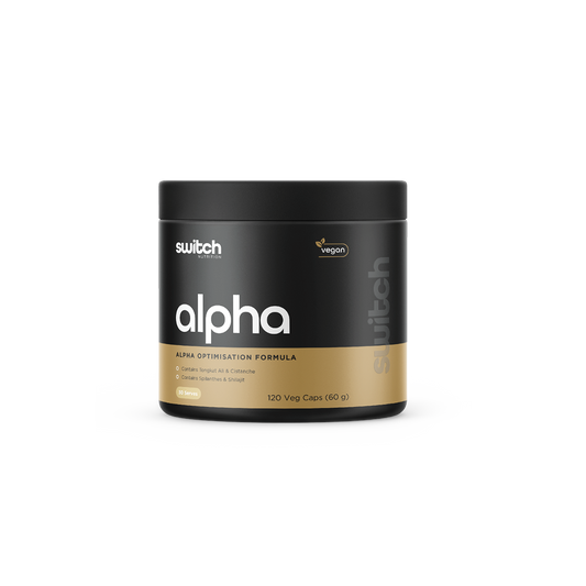 A black container of Switch Nutrition's 'alpha,' an alpha optimization formula, which is vegan. It contains Tongkat Ali & Cistanche, as well as Spilanthese & Shilajit. The label shows 30 servings and a quantity of 120 capsules weighing 60 grams.