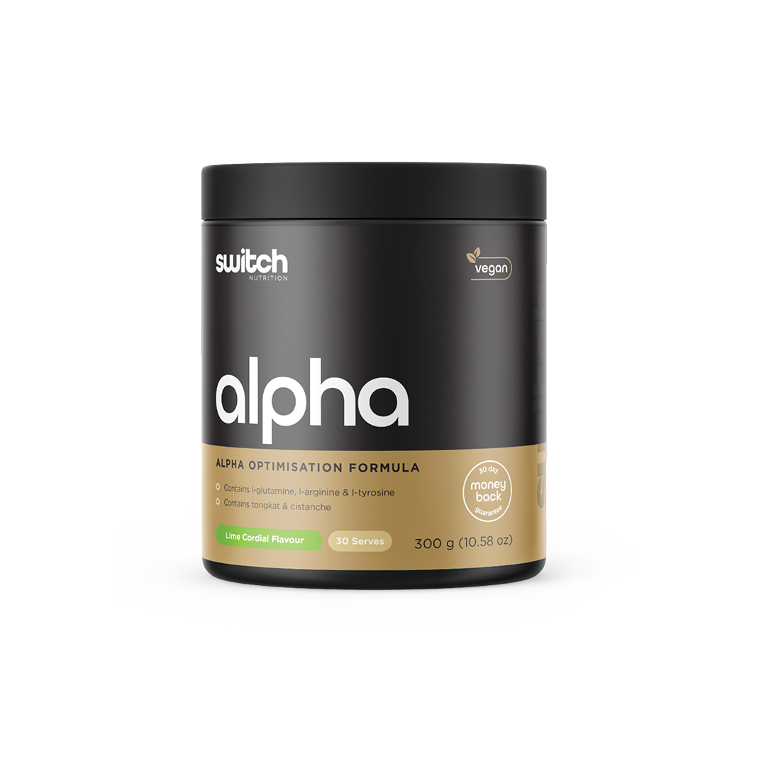 Container of Switch Nutrition's 'alpha,' an alpha optimization formula in raspberry flavor. It is vegan and contains l-glutamine, l-arginine & l-tyrosine, tongkat & cistanche. The package indicates 30 serves and is 300 grams (10.58 oz) with a '90 day money back guarantee' badge.