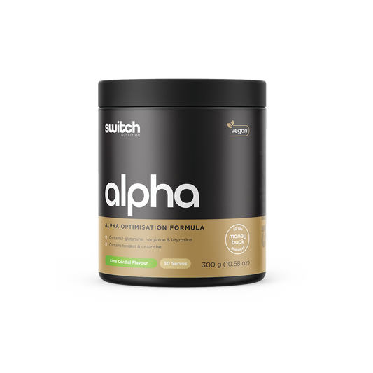 Container of Switch Nutrition's 'alpha,' an alpha optimization formula in raspberry flavor. It is vegan and contains l-glutamine, l-arginine & l-tyrosine, tongkat & cistanche. The package indicates 30 serves and is 300 grams (10.58 oz) with a '90 day money back guarantee' badge.