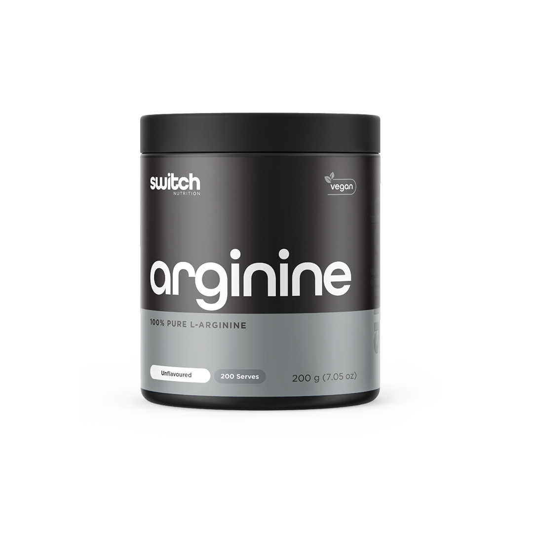 Container of Switch Nutrition Arginine, offering 100% pure L-Arginine, vegan, unflavoured with 200 servings for workout support and recovery.