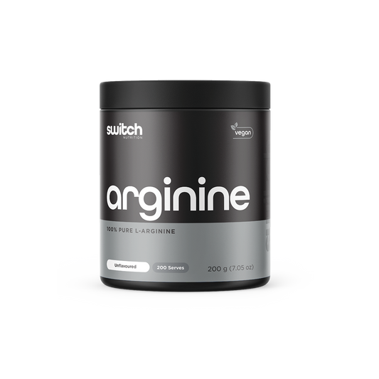 Container of Switch Nutrition Arginine, offering 100% pure L-Arginine, vegan, unflavoured with 200 servings for workout support and recovery.