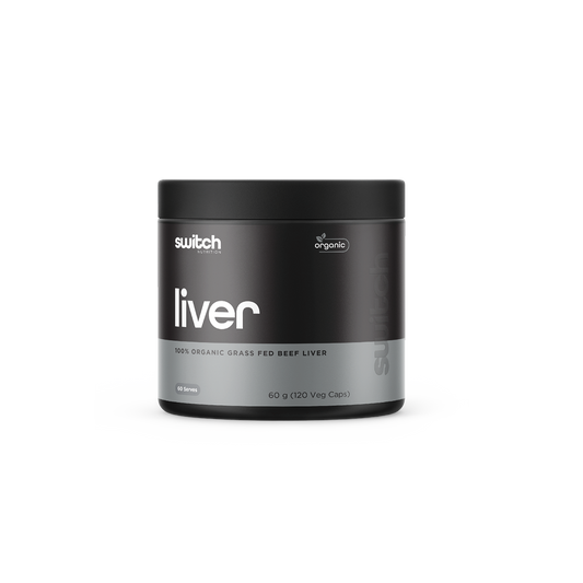 Switch Nutrition Liver 100% Organic Grass Fed Beef Liver 60g (120 Veg Caps) - Organic supplement designed to support overall health and vitality with nutrients from grass-fed beef liver. Comes in a black container