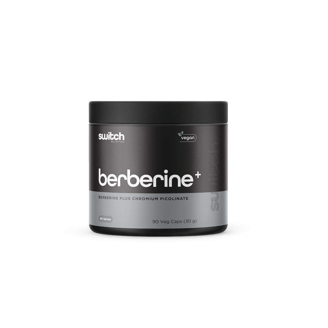 Switch Nutrition Berberine+ Berberine Plus Chromium Picolinate 90 Veg Caps (30g) - Vegan-friendly capsules designed to support metabolic health and blood sugar management. Comes in a black container.