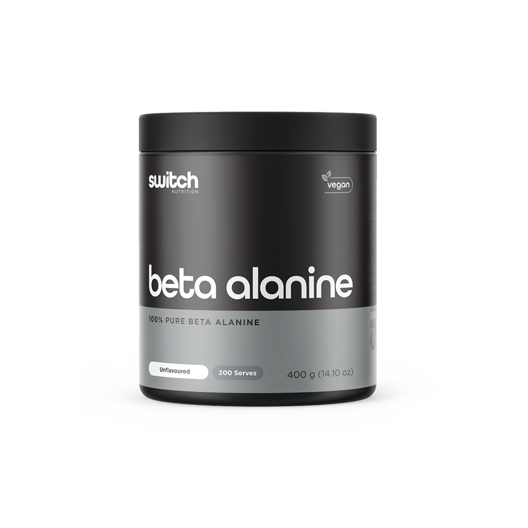 Switch Nutrition Beta Alanine 100% Pure Beta Alanine Powder Unflavoured 400g (200 Serves) - Vegan-friendly supplement designed to enhance athletic performance. Comes in a black container.