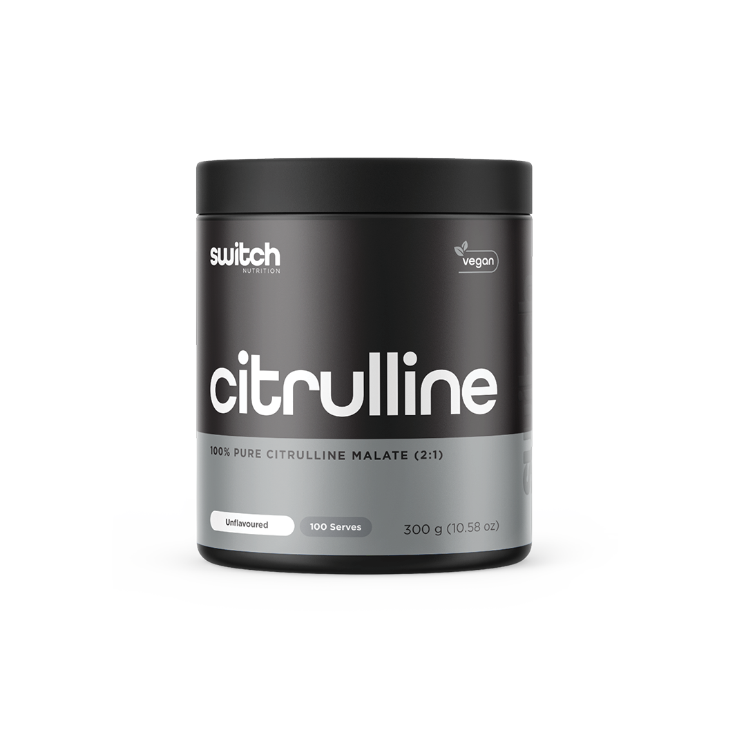 A container of Switch Nutrition Citrulline, a dietary supplement that is 100% pure Citrulline Malate in a 2:1 ratio, unflavoured, offering 100 servings in a 300g container. The label also indicates the product is vegan.