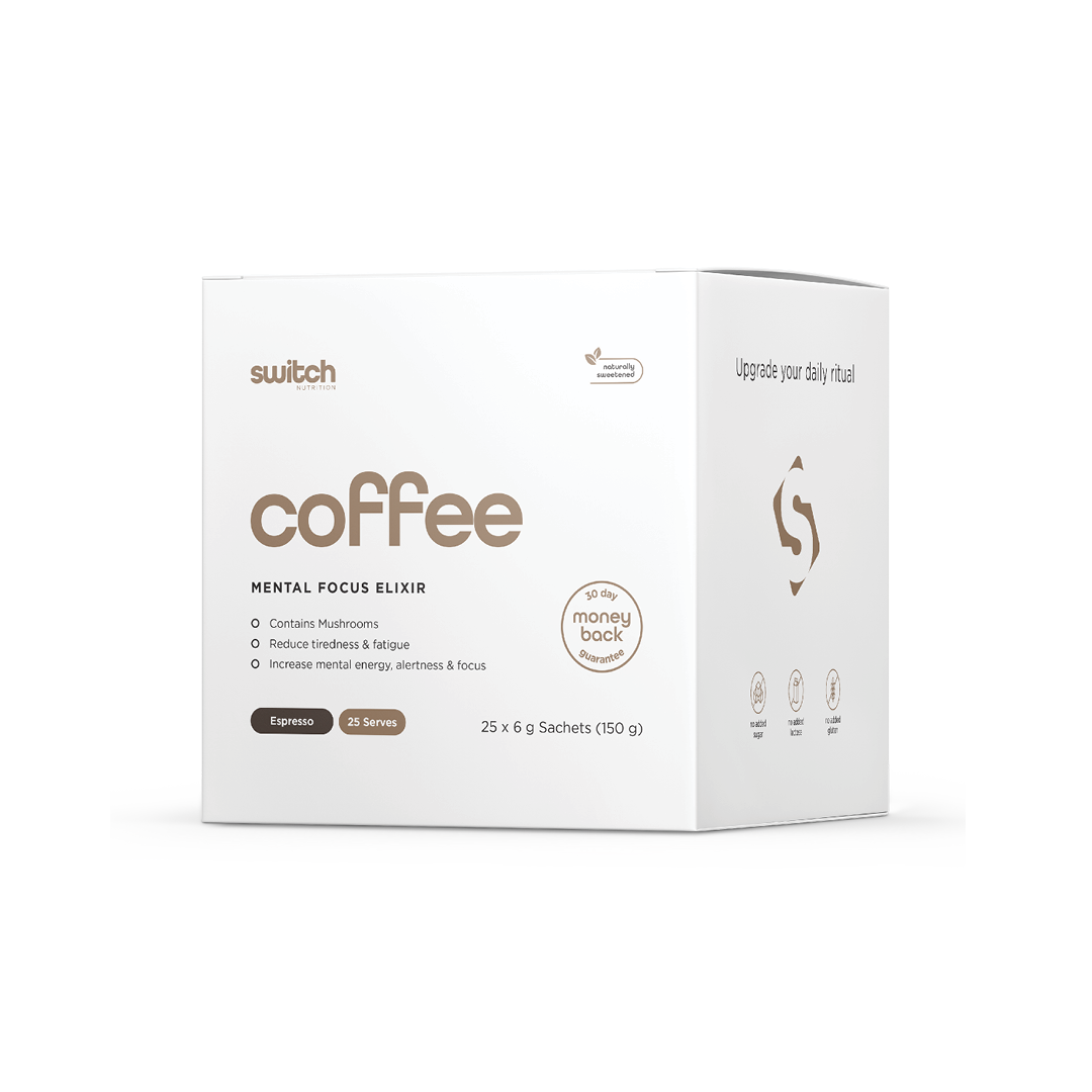 Coffee Switch box, mental focus elixir in the espresso flavour, containing 25 sachet serves.