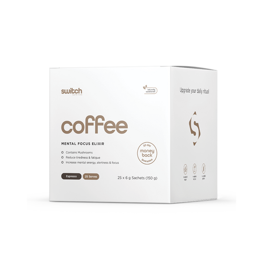 Coffee Switch box, mental focus elixir in the espresso flavour, containing 25 sachet serves.