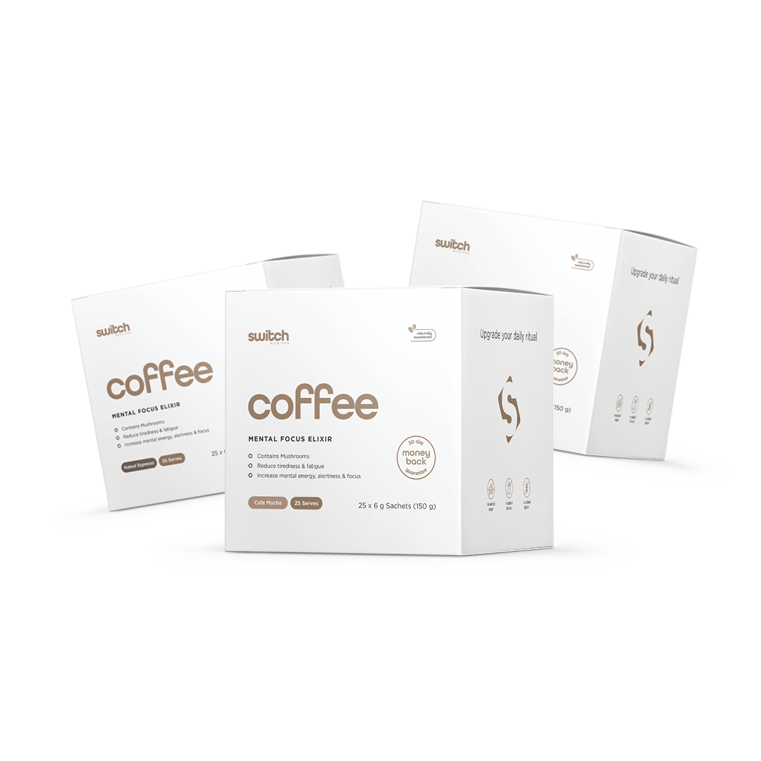 Switch Nutrition Coffee Mental Focus Elixir Bundle - Includes three boxes of Espresso flavour, each containing 25 x 6g sachets (150g total). Contains mushrooms to reduce tiredness and fatigue, and increase mental energy, alertness, and focus. Naturally sweetened with a 30-day money-back guarantee.