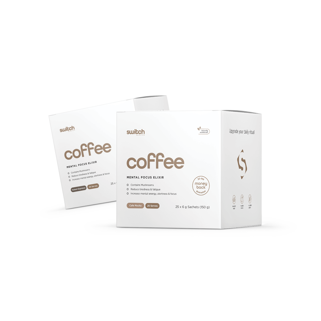 Switch Nutrition Coffee Mental Focus Elixir Bundle - Includes two boxes of Espresso flavour, each containing 25 x 6g sachets (150g total). Contains mushrooms to reduce tiredness and fatigue, and increase mental energy, alertness, and focus. Naturally sweetened with a 30-day money-back guarantee.