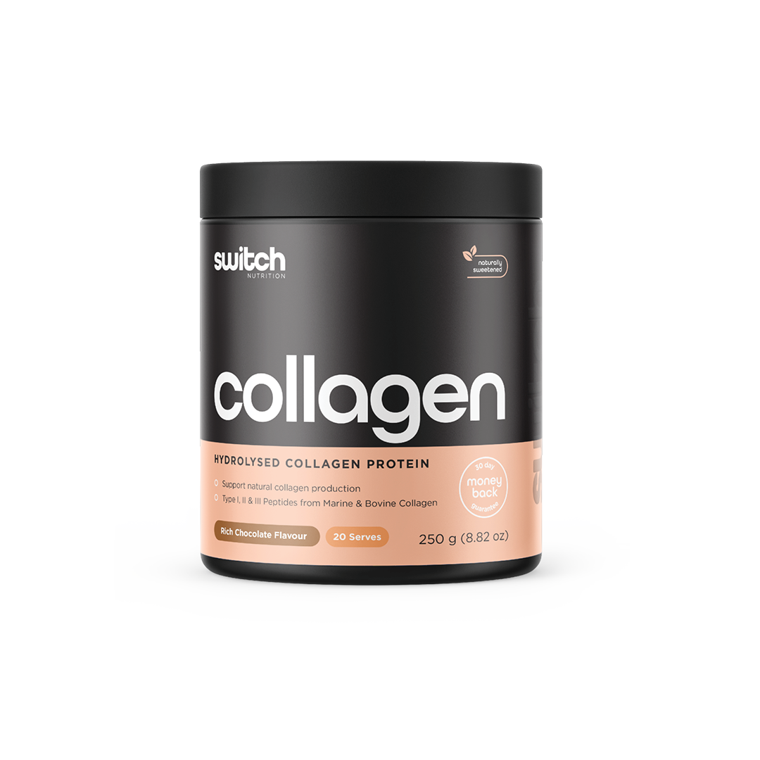 Switch Nutrition Collagen Hydrolysed Collagen Protein Rich Chocolate Flavour 250g (20 Serves) - Supports natural collagen production with Type I, II, & III peptides from marine & bovine collagen. Naturally sweetened and comes with a 30-day money-back guarantee.