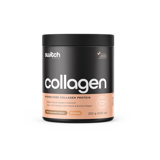 Switch Nutrition Collagen Hydrolysed Collagen Protein Rich Chocolate Flavour 250g (20 Serves) - Supports natural collagen production with Type I, II, & III peptides from marine & bovine collagen. Naturally sweetened and comes with a 30-day money-back guarantee.