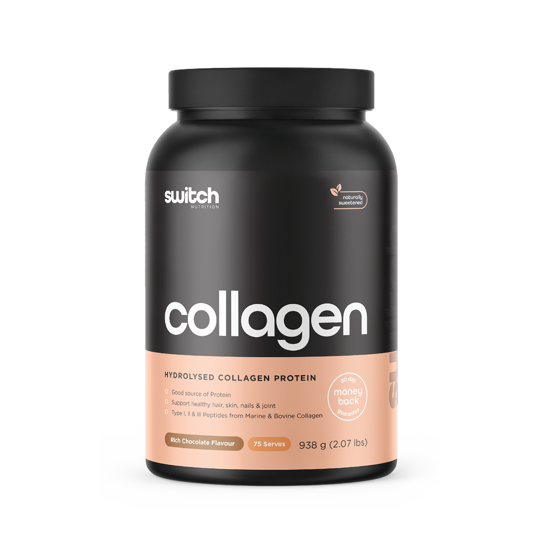 Switch Nutrition Collagen Hydrolysed Collagen Protein Rich Chocolate Flavour 938g (75 Serves) - Good source of protein to support healthy hair, skin, nails, and joints. Contains Type I, II, & III peptides from marine and bovine collagen. Naturally sweetened with a 30-day money-back guarantee.