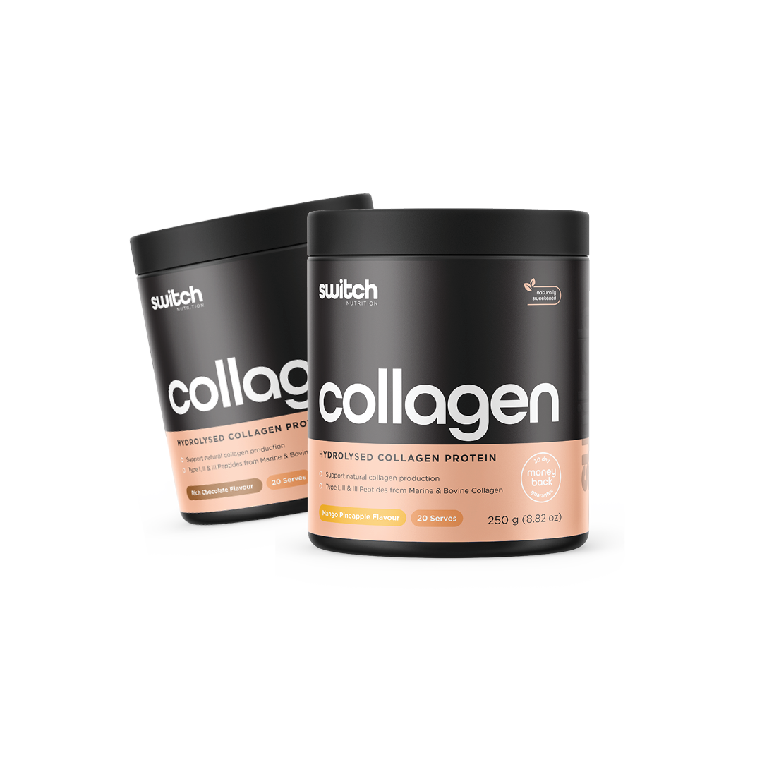 Switch Nutrition Collagen Hydrolysed Collagen Protein Bundle - Includes two 250g containers (20 Serves each). Supports natural collagen production with Type I, II, & III peptides from marine and bovine collagen. Naturally sweetened with a 30-day money-back guarantee.