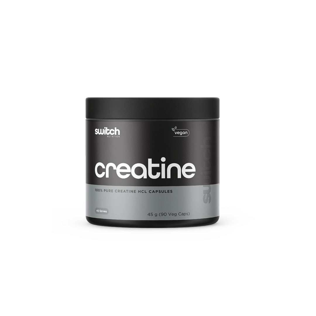 Switch Nutrition Creatine 100% Pure Creatine HCL Capsules 45g (90 Veg Caps) - Vegan-friendly capsules designed to support muscle strength and performance. Comes in a black container