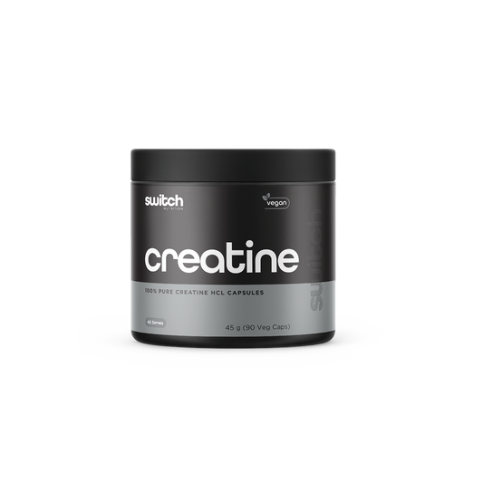 Switch Nutrition Creatine 100% Pure Creatine HCL Capsules 45g (90 Veg Caps) - Vegan-friendly capsules designed to support muscle strength and performance. Comes in a black container