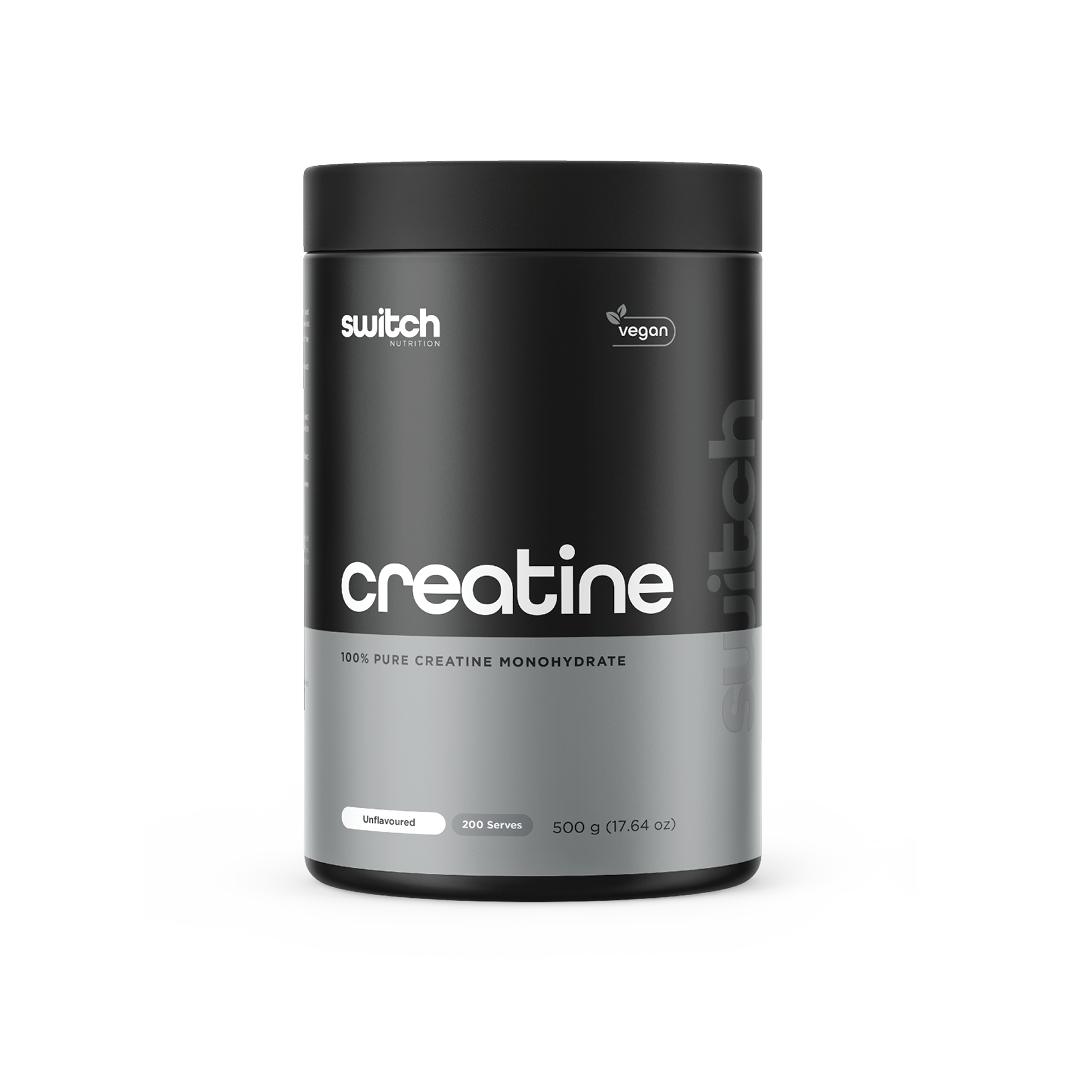 Switch Nutrition Creatine Monohydrate - 500g tub, 100% pure, vegan-friendly, unflavored, 200 servings. Black and grey packaging with 'Creatine' text on the label.