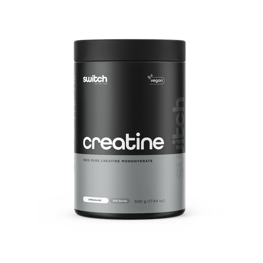 Switch Nutrition Creatine Monohydrate - 500g tub, 100% pure, vegan-friendly, unflavored, 200 servings. Black and grey packaging with 'Creatine' text on the label.