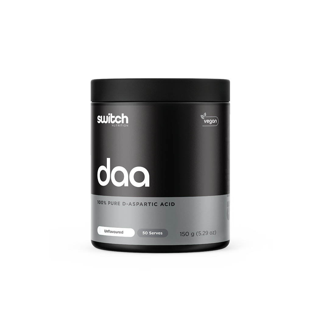 A black container of Switch Nutrition DAA, presenting as 100% pure D-Aspartic Acid. It's a vegan-friendly, unflavoured supplement with 50 servings contained within a 150g package.