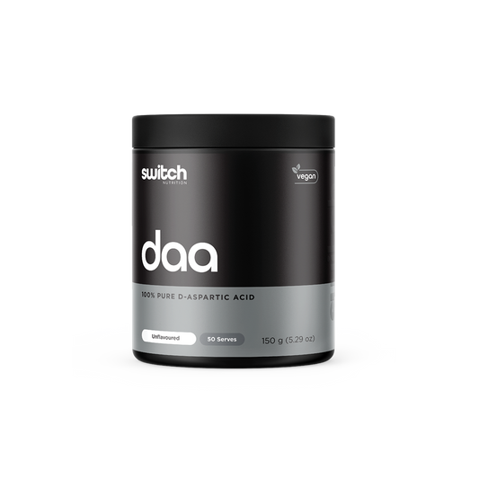 A black container of Switch Nutrition DAA, presenting as 100% pure D-Aspartic Acid. It's a vegan-friendly, unflavoured supplement with 50 servings contained within a 150g package.