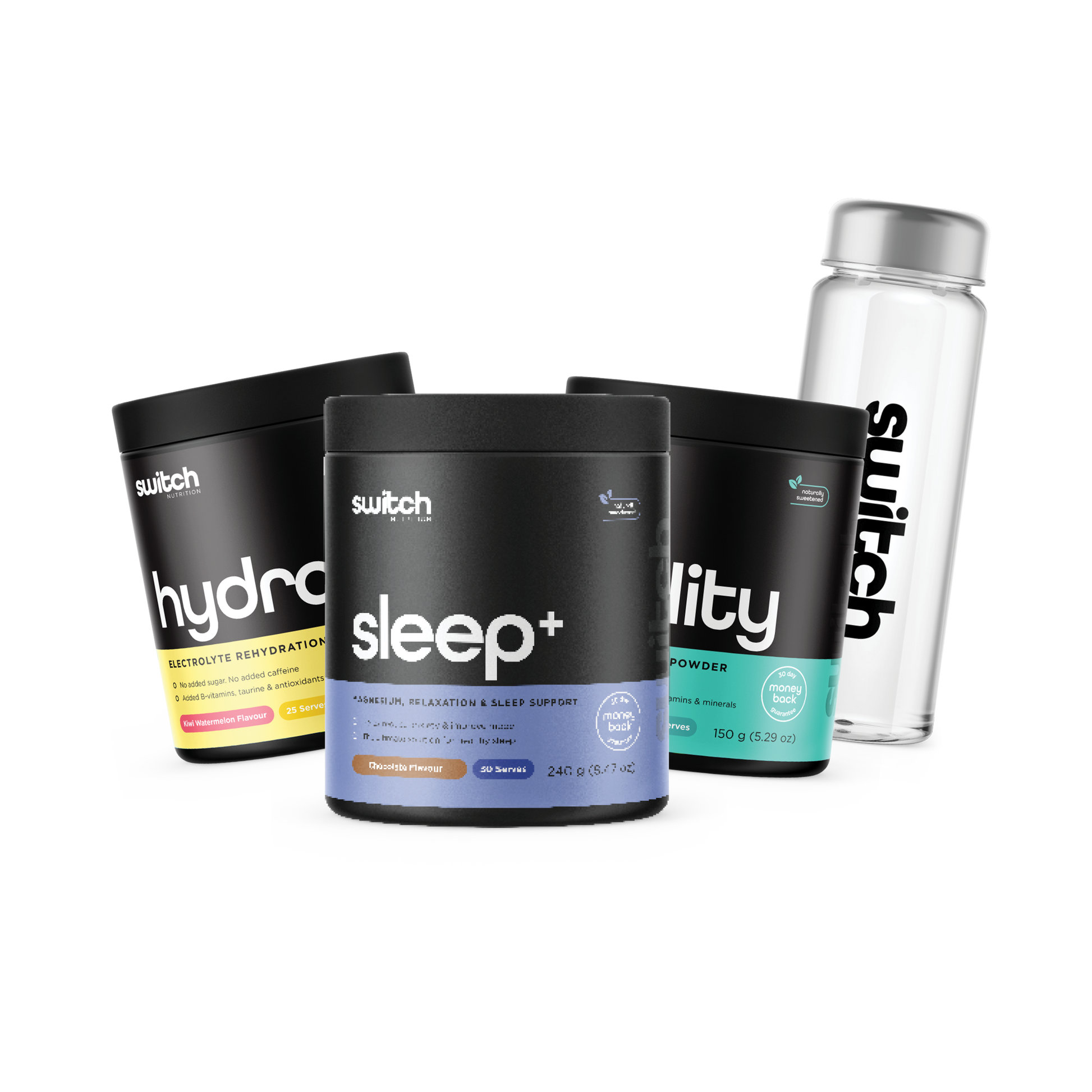 Switch Nutrition Daily Essentials Bundle featuring Sleep+ (Magnesium, Relaxation & Sleep Support), Vitality Powder (Daily Vitamins & Minerals), Hydrate (Electrolyte Rehydration Drink), Ideal for relaxation, sleep, hydration, and overall wellbeing.