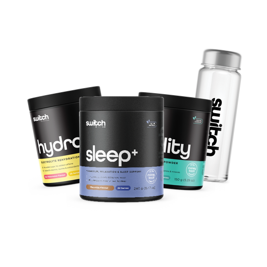 Switch Nutrition Daily Essentials Bundle featuring Sleep+ (Magnesium, Relaxation & Sleep Support), Vitality Powder (Daily Vitamins & Minerals), Hydrate (Electrolyte Rehydration Drink), Ideal for relaxation, sleep, hydration, and overall wellbeing.