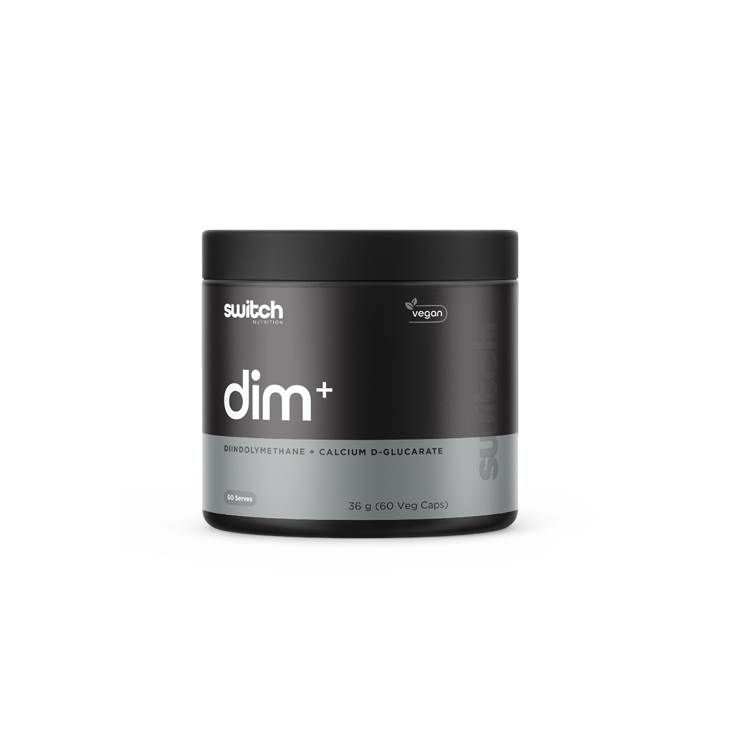 Switch Nutrition DIM+ Diindolylmethane + Calcium D-Glucarate 36g (60 Veg Caps) - Vegan-friendly capsules designed to support hormonal balance and detoxification. Comes in a black container