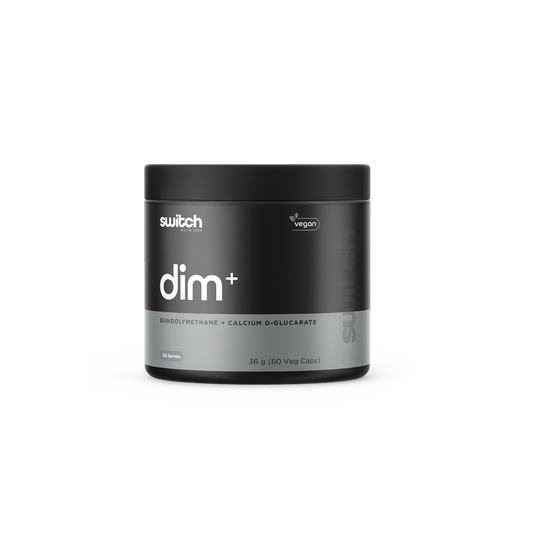 Switch Nutrition DIM+ Diindolylmethane + Calcium D-Glucarate 36g (60 Veg Caps) - Vegan-friendly capsules designed to support hormonal balance and detoxification. Comes in a black container