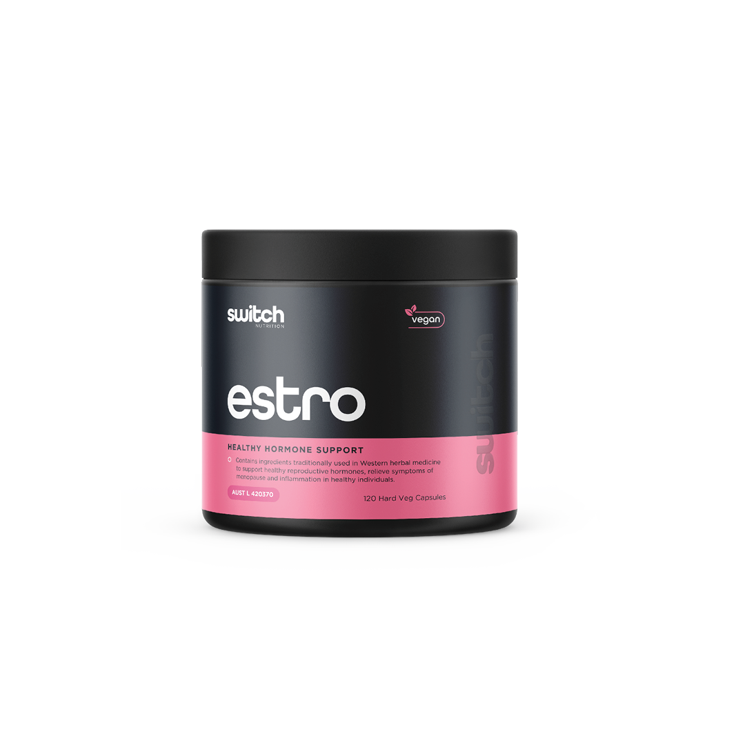 Switch Nutrition Estro Healthy Hormone Support 120 Hard Veg Capsules - Vegan-friendly capsules containing ingredients traditionally used in Western herbal medicine to support healthy reproductive hormones, relieve symptoms of menopause, and reduce inflammation in healthy individuals. Comes in a black container with a pink label