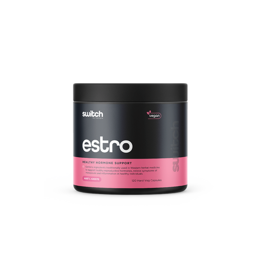 Switch Nutrition Estro Healthy Hormone Support 120 Hard Veg Capsules - Vegan-friendly capsules containing ingredients traditionally used in Western herbal medicine to support healthy reproductive hormones, relieve symptoms of menopause, and reduce inflammation in healthy individuals. Comes in a black container with a pink label