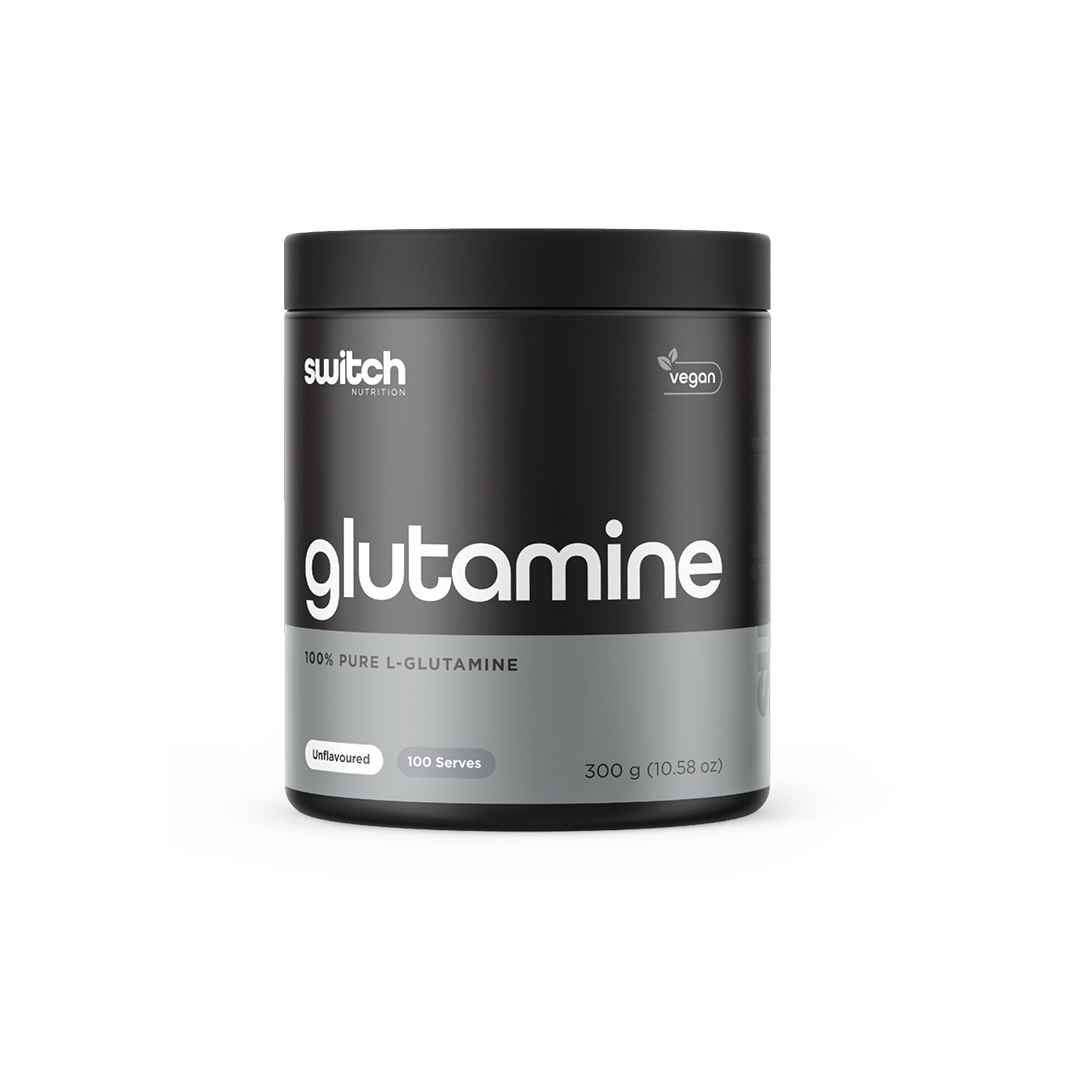 Container of Switch Nutrition Glutamine, 100% pure L-Glutamine, vegan, unflavoured with 100 serves, designed to support muscle recovery and gut health.