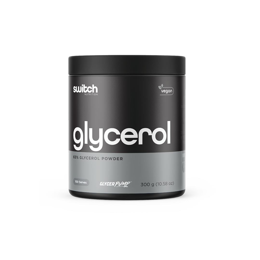 A container of Switch Nutrition Glycerol, which is a vegan 65% glycerol powder supplement. The label indicates 100 serves in a 300g container.