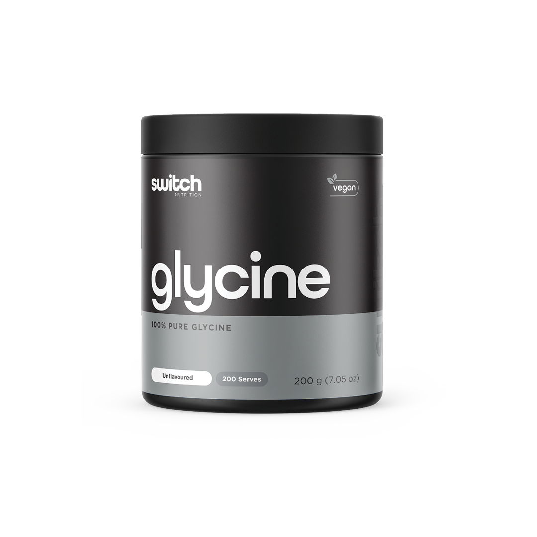 Black container of Switch Nutrition Glycine supplement, marked as 100% pure glycine, vegan, and unflavoured. It contains 200 servings in a 200g container.