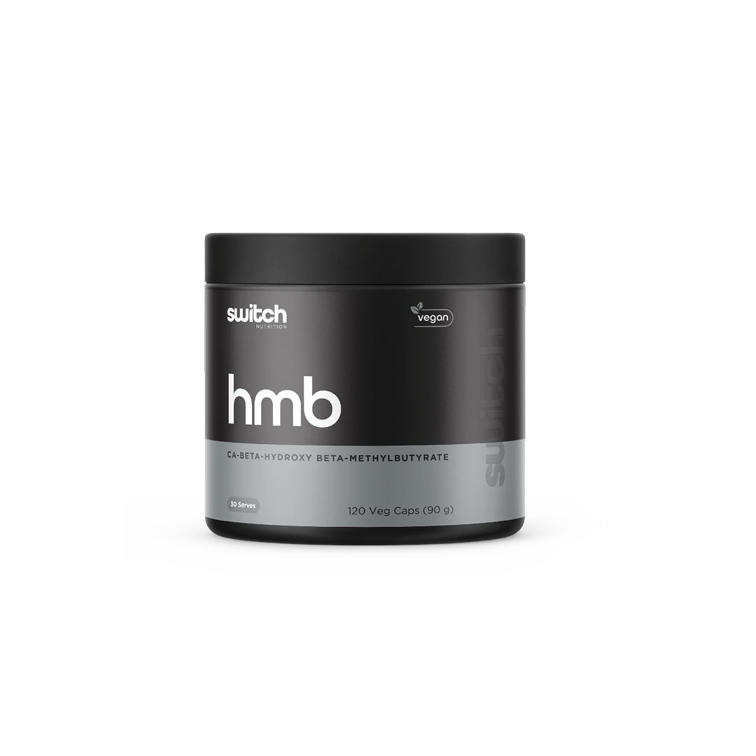 Switch Nutrition HMB Ca-Beta-Hydroxy Beta-Methylbutyrate 120 Veg Caps (90g) - Vegan-friendly capsules designed to support muscle growth, strength, and recovery. Comes in a black container.