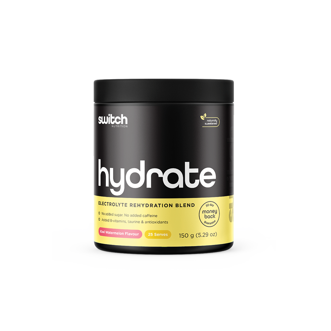 Switch Nutrition HYDRATE Electrolyte Rehydration Blend in Kiwi Watermelon Flavor, 150g container with 25 servings, displaying no added sugar or caffeine, and enriched with B-vitamins, taurine, and antioxidants, with a 60-day money-back guarantee seal.